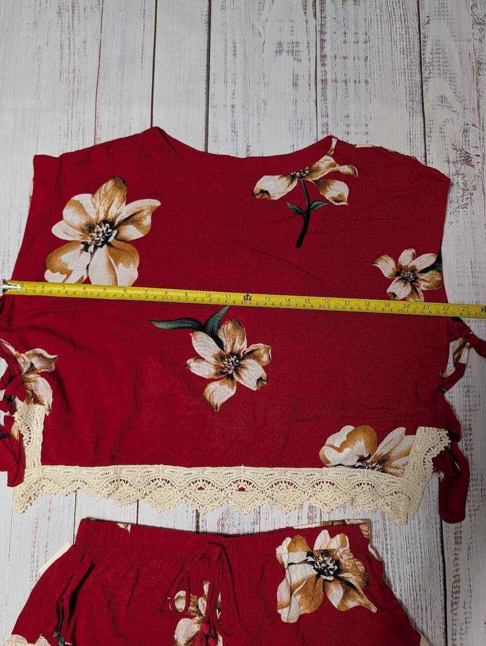 Umgee Women's Maroon Red Floral Eyelet Lace Trim 2-Piece Crop Top and Shorts Set - Picture 9 of 12